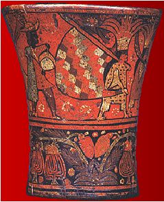 Image 1: Pottery depicting a ch'uncho carrying a flag. Note the diagonal squares of the flag. (See, wiphala.) Image 2: Ch'uncho design in a Q'ero textile.