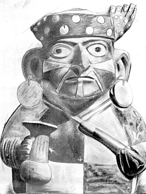 Mochica vase showing a man who is taking llipht'a with a stick.