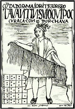 Quipucamayoq with a quipu, drawing by Felipe Guaman Poma de Ayala.