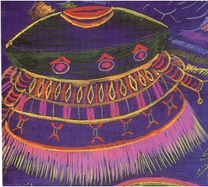 A spaceship in a detail from a painting by vegetalista Pablo Amaringo. This craft is from one of the moons of Saturn.