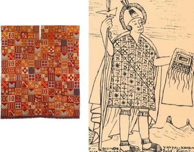 Examples of tukapu. The top left graphic is a tunic, with a slit for the wearer's head to go through and, top right, Guamán Poma's drawing of Wiracocha Inca wearing such a tunic. The bottom graphic is a weaving.
