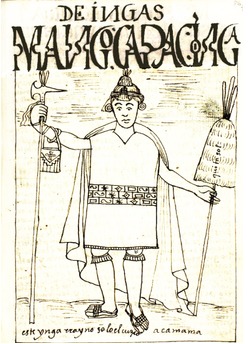 Guaman Poma de Ayala's drawing of Manco Capac holding the tupayauri in his right hand.