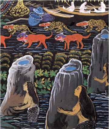 Wiracocha Mermaids. A detail from a painting by vegetalista Pablo Amaringo of one of his visions. The white mermaids can be seen in the upper right corner. In the middle of the painting are the yakurunas' fierce dogs with piranha heads. Behind them are cats with the heads of canero. In the foreground are the awka-sirenas, guardians of the yakuruna.