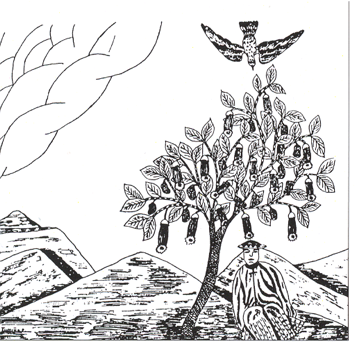 The inebriating nightshade borrachera is shown on this old Indian drawing from Colombia. The bird shown hovering above the tree is likely a transformed shaman or the vision-inducing spirit of the plant.